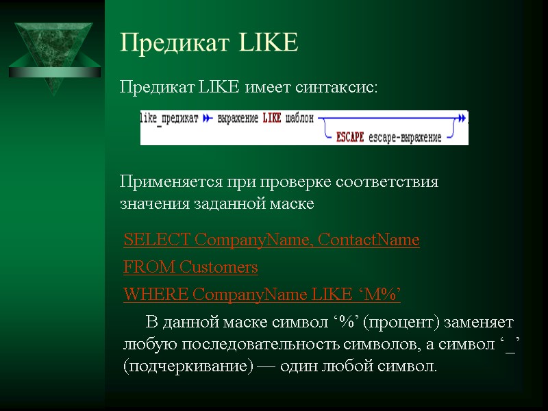 Предикат LIKE Предикат LIKE имеет синтаксис: Применяется при проверке соответствия значения заданной маске 